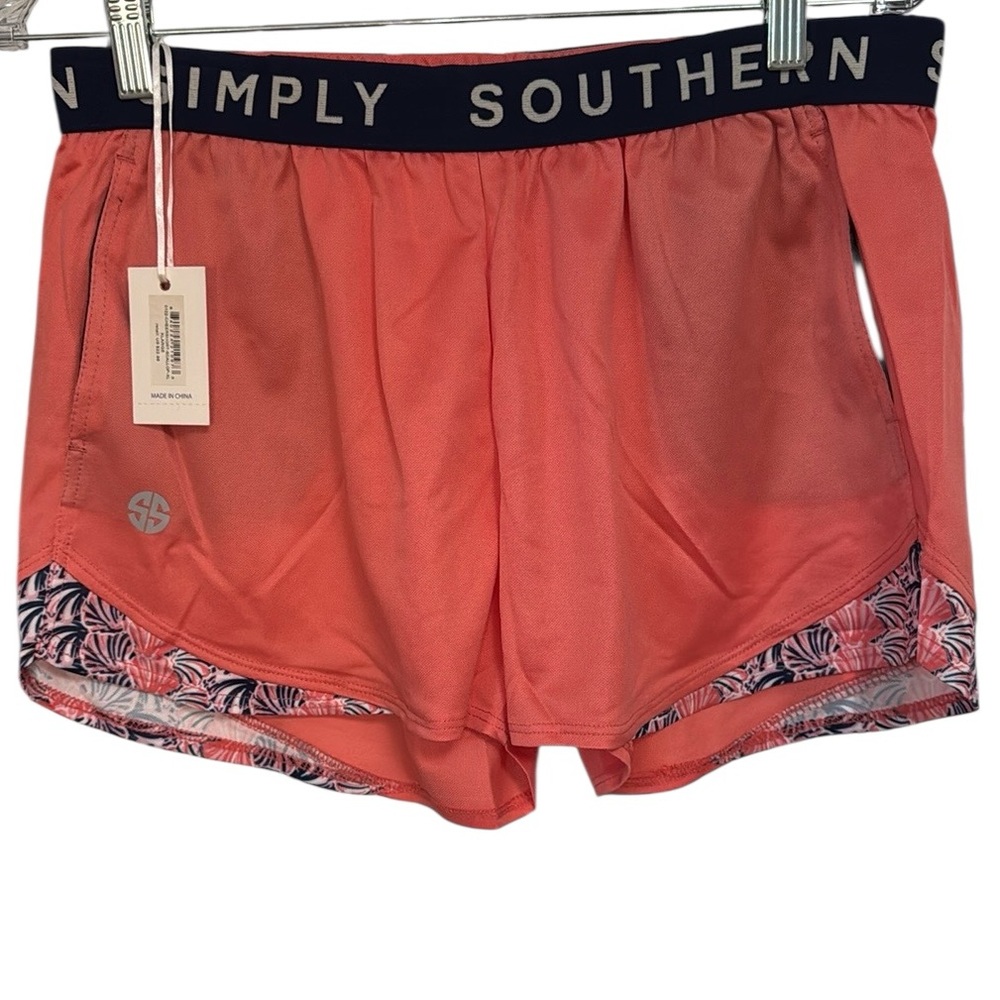 Simply Southern Cheer Shorts Logo Taping Coral w/Seashell  Print Pockets Size XL